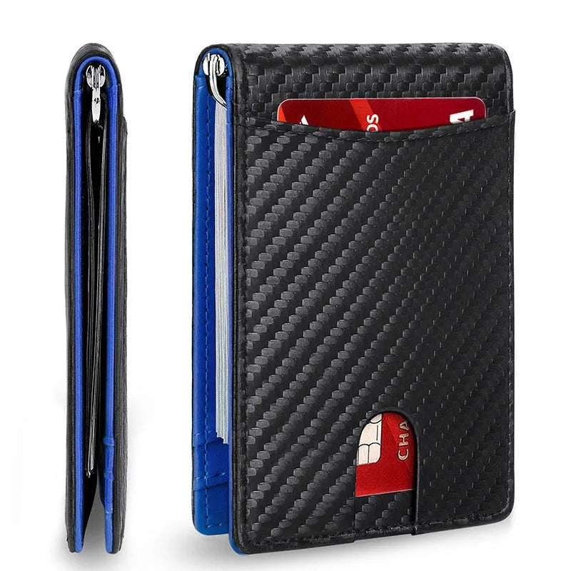 A black slim synthetic leather bifold wallet with a zipper and a red card slot.