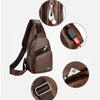 A brown men's casual crossbody chest bag with a USB charging port shown with various details.