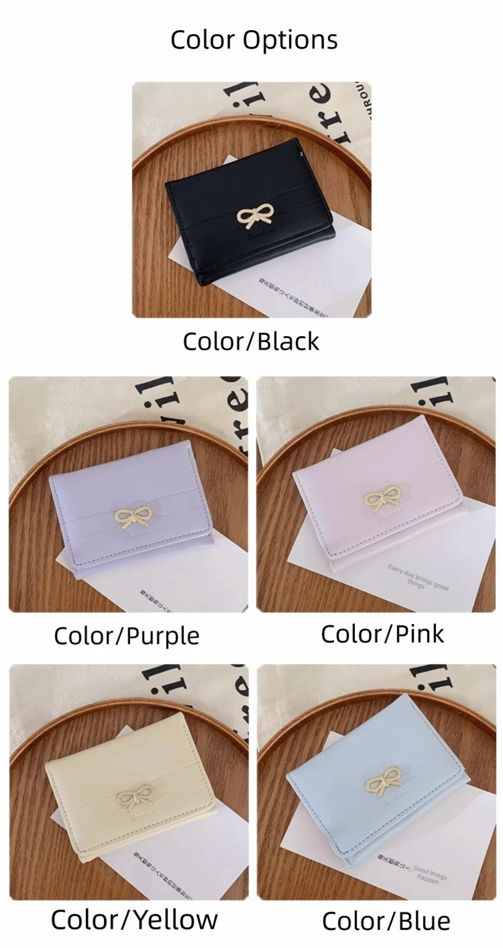 Collection de portefeuilles à cartes en PU pliés de différentes couleurs : noir, violet, rose, jaune et bleu.