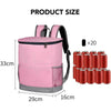 Pink insulated cooler backpack with straps and a leak-proof design, shown next to 20 cans.