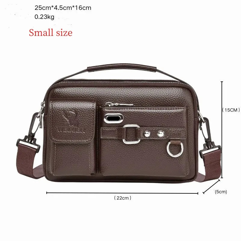 A brown men's PU leather crossbody shoulder bag with a flap and strap shown from the front.