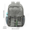 A gray mesh backpack designed for laptop and daily use, shown with dimensions.