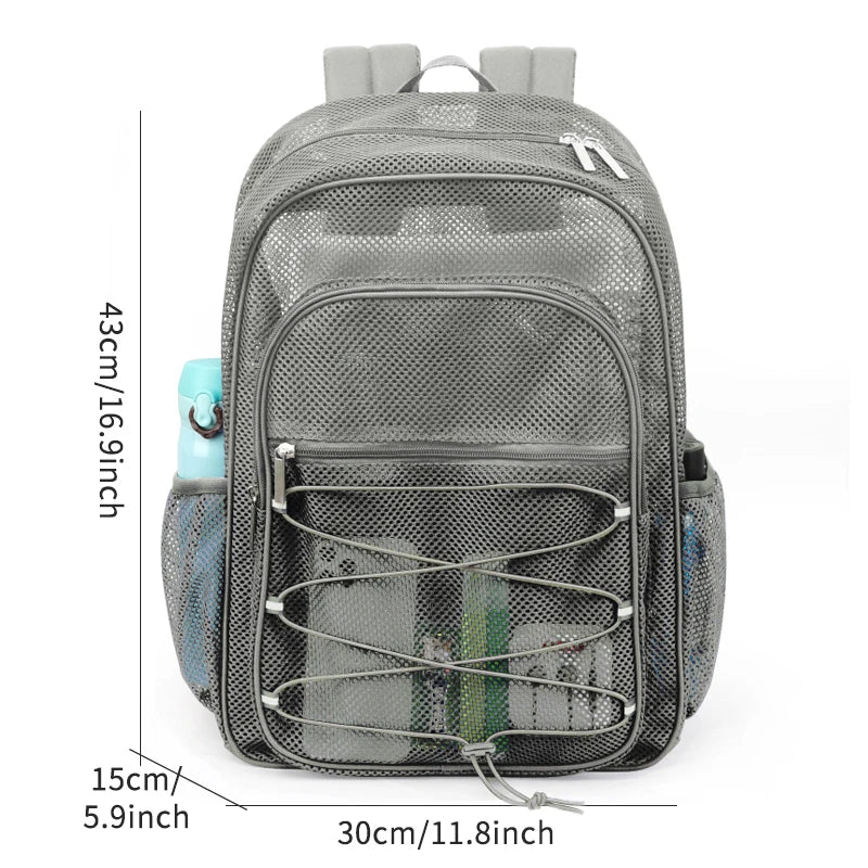A gray mesh backpack designed for laptop and daily use, shown with dimensions.