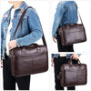 A brown genuine leather men's briefcase shown in various angles with a strap.