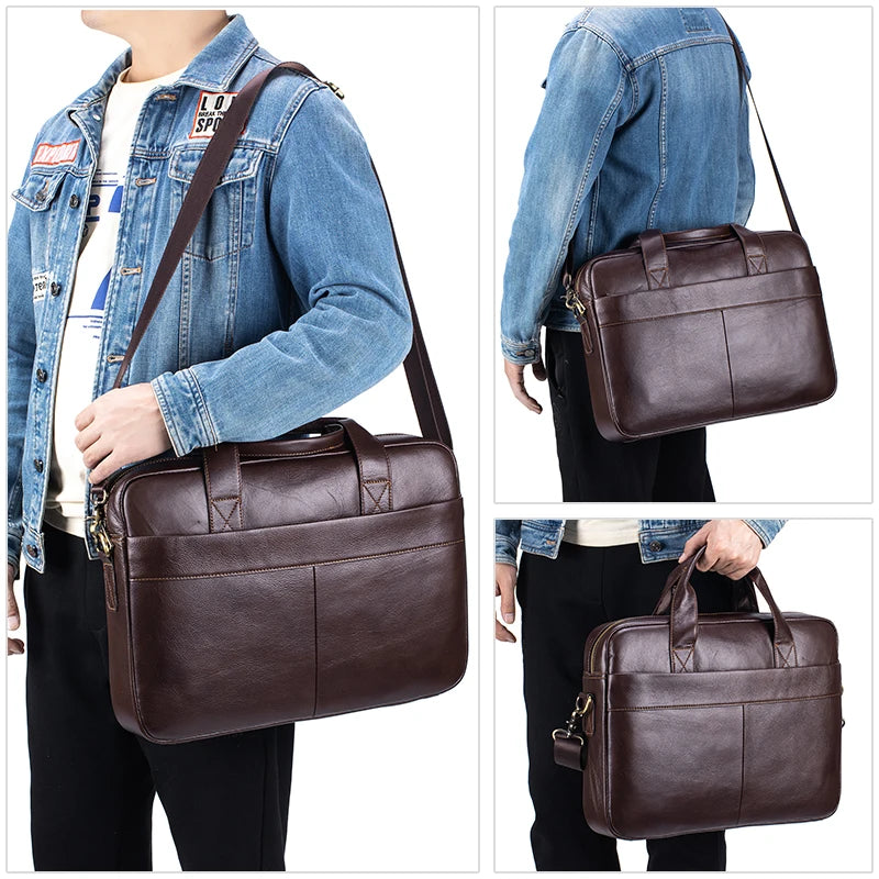 A brown genuine leather men's briefcase shown in various angles with a strap.