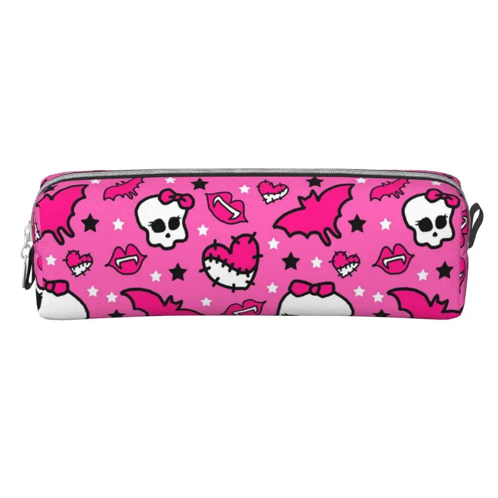 Pink leather pencil case decorated with skulls, bats, and lips