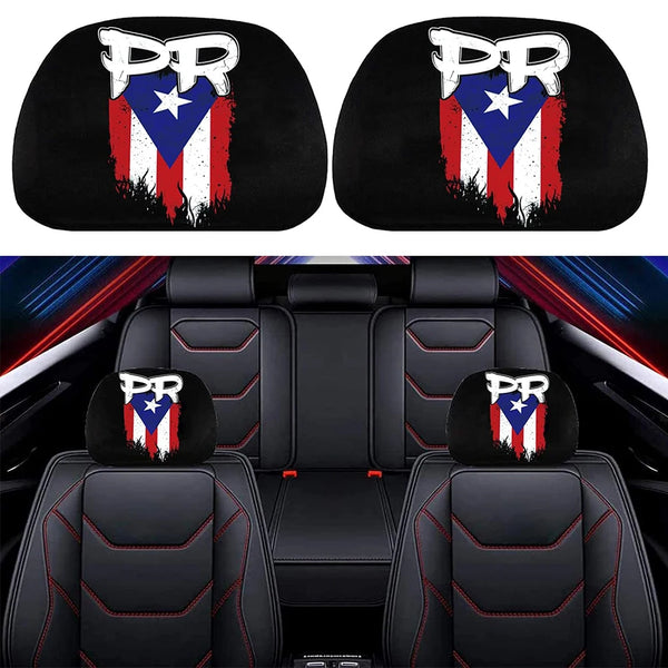 Black headrest covers featuring a patriotic design with the letters PR and stars for vehicle seats