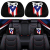 Black headrest covers featuring a patriotic design with the letters PR and stars for vehicle seats