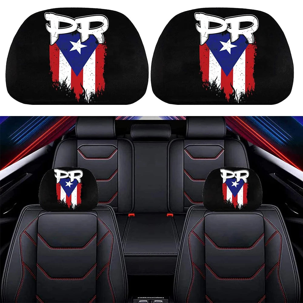 Black headrest covers featuring a patriotic design with the letters PR and stars for vehicle seats