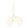 A cream-colored dual zip keychain wallet wristlet with a beige strap.