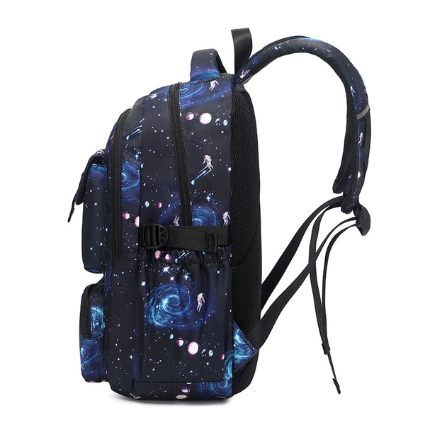 A dark blue and purple starry night patterned kids backpack set for boys