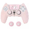Pink silicone grip cover for a PlayStation controller featuring a cat design.