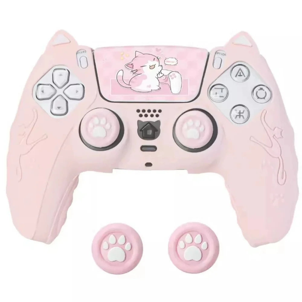 Pink silicone grip cover for a PlayStation controller featuring a cat design.