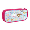 A pink zippered pencil case featuring a pattern of cute dog characters on a light blue background.