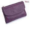 A purple genuine leather mini card holder wallet with a zipper closure.