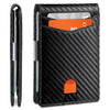 A black, textured wallet with a slot for cards and a cutout for cash, shown next to a protective sleeve.