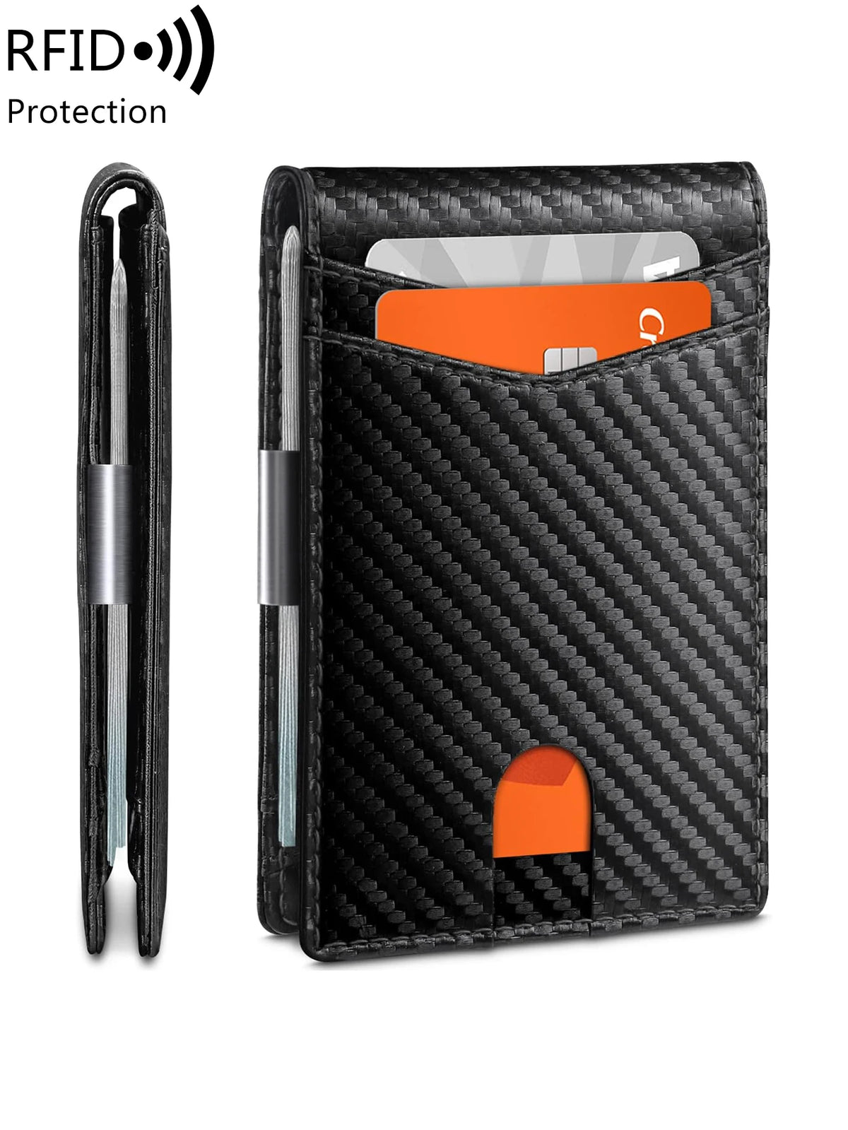A black, textured wallet with a slot for cards and a cutout for cash, shown next to a protective sleeve.