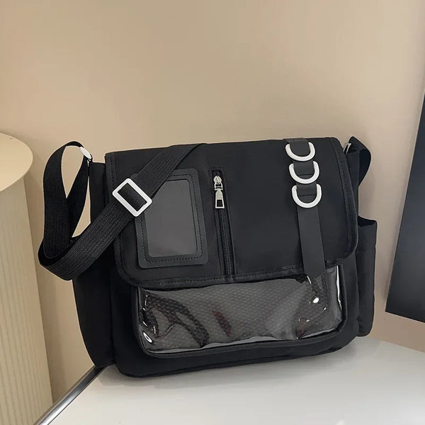 A black Harajuku Y2K school bag with transparent mesh pockets and adjustable straps.