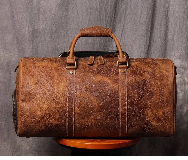 Braune Vintage-Leder-Totebag mit Ledergriffen und Messing-Hardware.