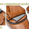 Brown PU leather crossbody sling bag showing front and back zippered pockets