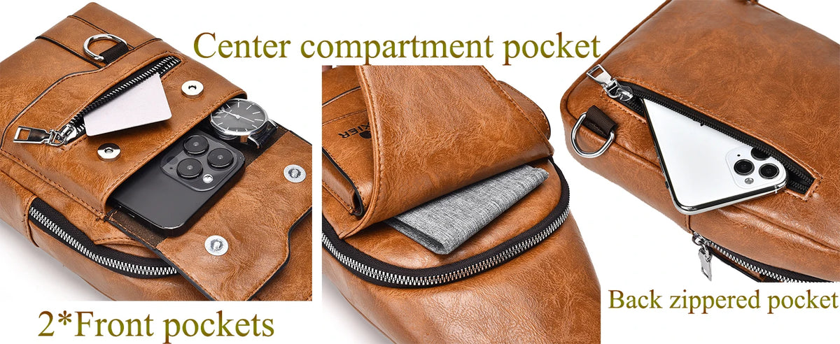 Brown PU leather crossbody sling bag showing front and back zippered pockets