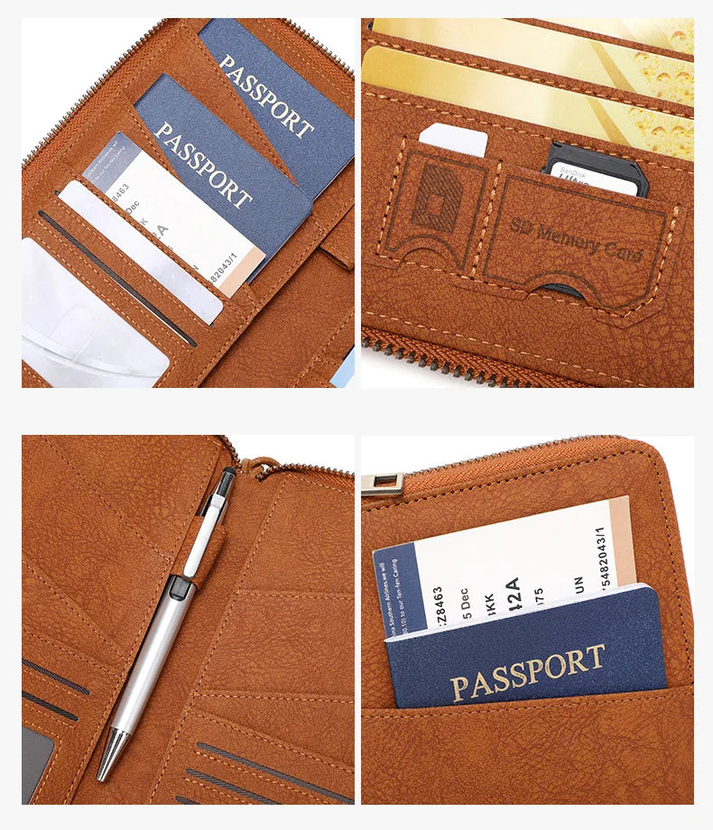 A brown leather document holder featuring slots for a passport and an SD memory card, alongside a pen.