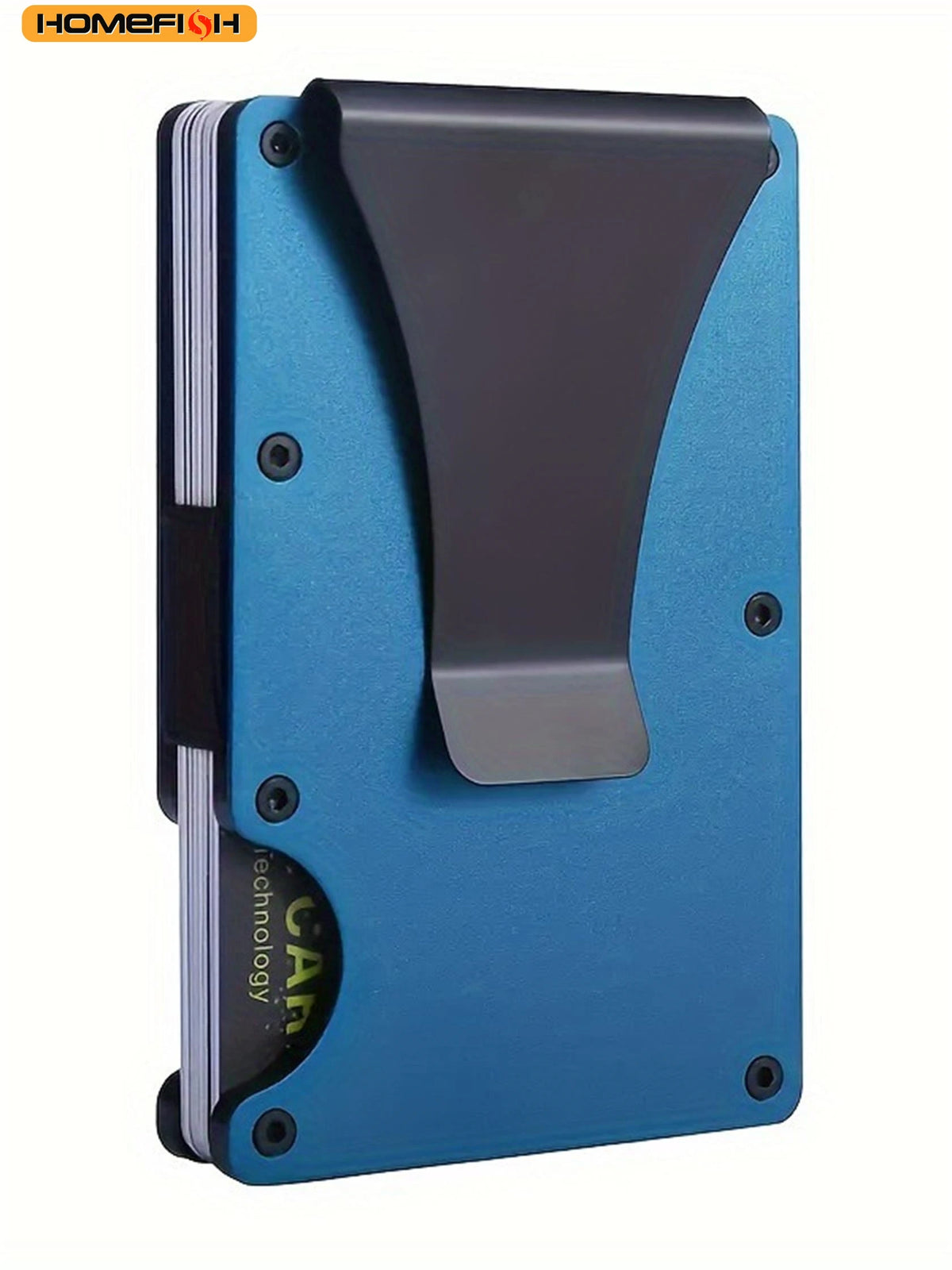 Cartera minimalista de aluminio azul con bloqueo RFID y cubierta protectora gris oscuro.