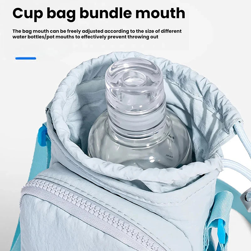 A light blue cup bag bundle mouth is shown adjusting around a clear water bottle inside a carrier bag.