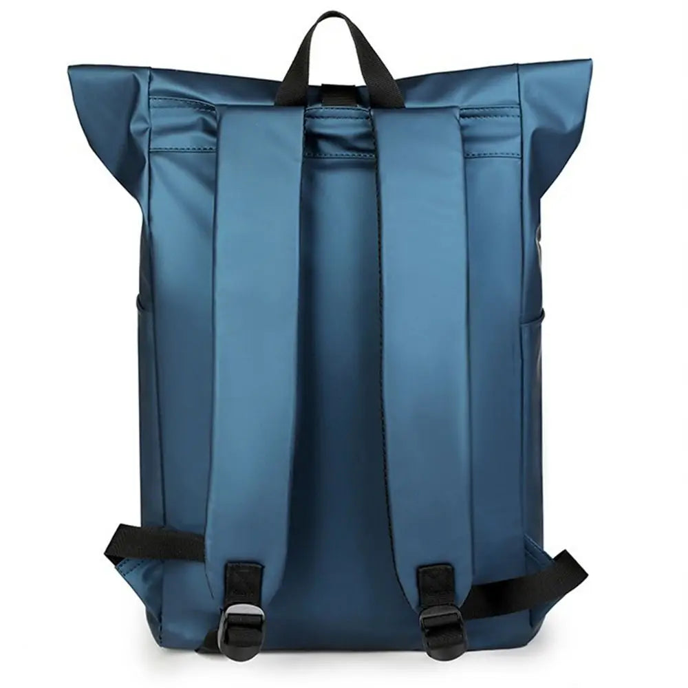 A dark blue waterproof business laptop backpack with black straps and multi-compartment storage.