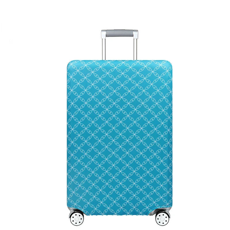 A light blue patterned heavy duty luggage protection cover with silver handles and wheels.