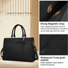 Black laptop tote bag with a bow closure and magnetic snap features for women