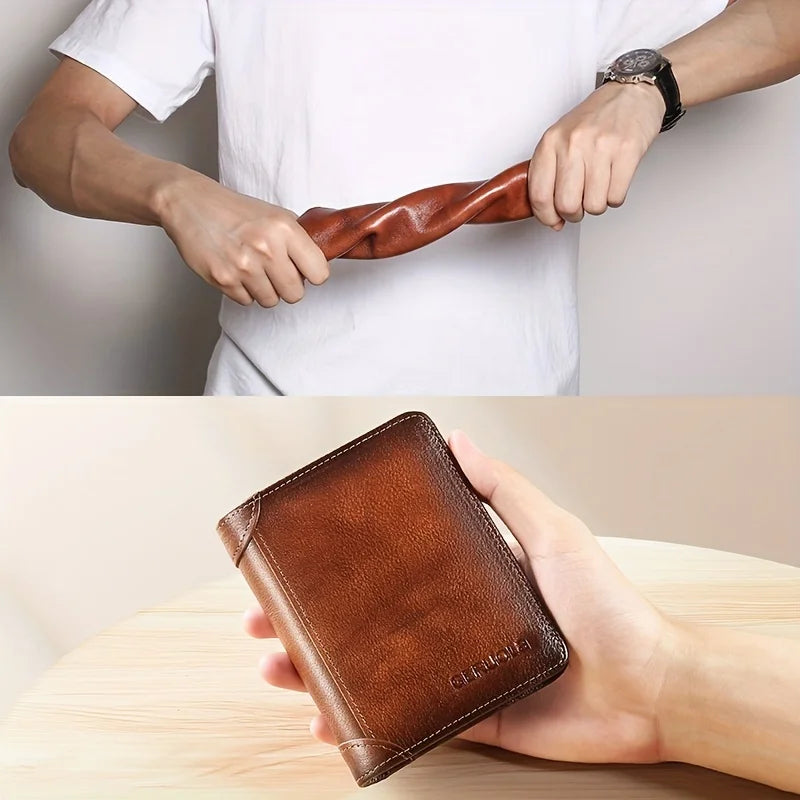 A hand holds a brown genuine leather wallet with a stitched edge on a wooden surface.