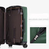 A dark brown waterproof luggage protector cover on a rolling suitcase with a green exterior.
