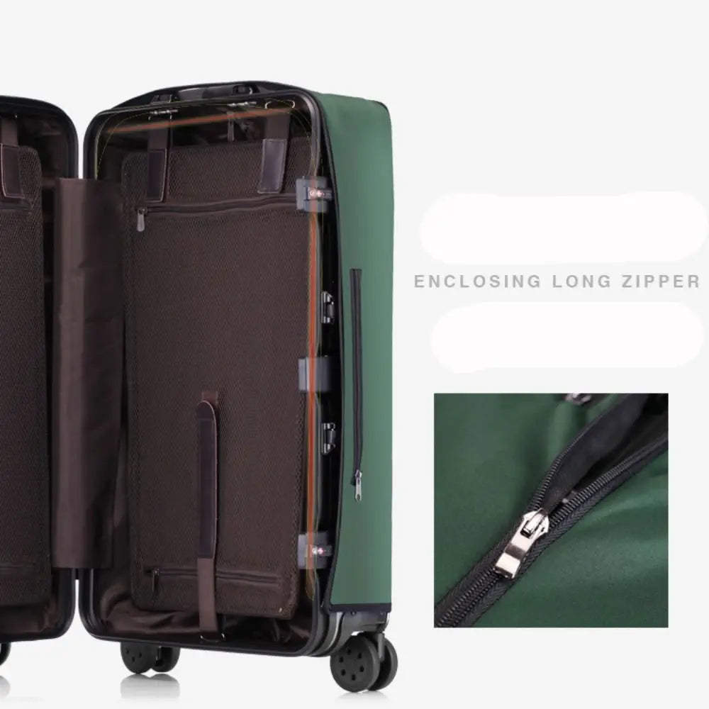 A dark brown waterproof luggage protector cover on a rolling suitcase with a green exterior.