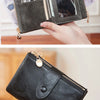A black minimalist triple layer card holder wallet shown in various angles and contexts.