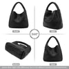 Black handwoven faux leather tote bag shown from front, side, bottom, and back angles.