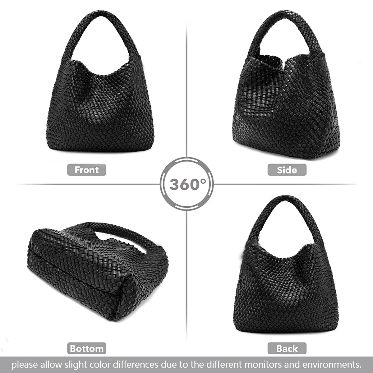 Black handwoven faux leather tote bag shown from front, side, bottom, and back angles.