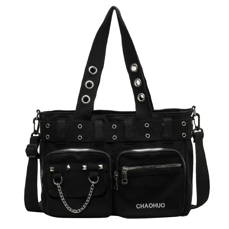 Black nylon shoulder bag with silver rivets and chain detail