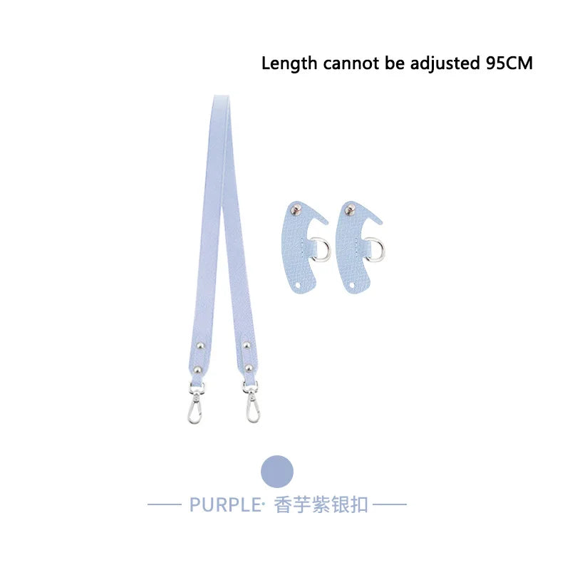 Purple durable leather crossbody strap with silver hardware.