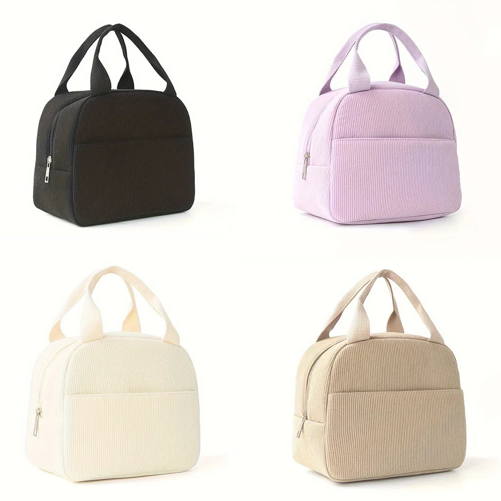 Three reusable thermal insulated bento bags in black, pink, and beige.