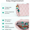 Pink quilted puffy tote bag showing multiple pockets and a laptop compartment for easy organization