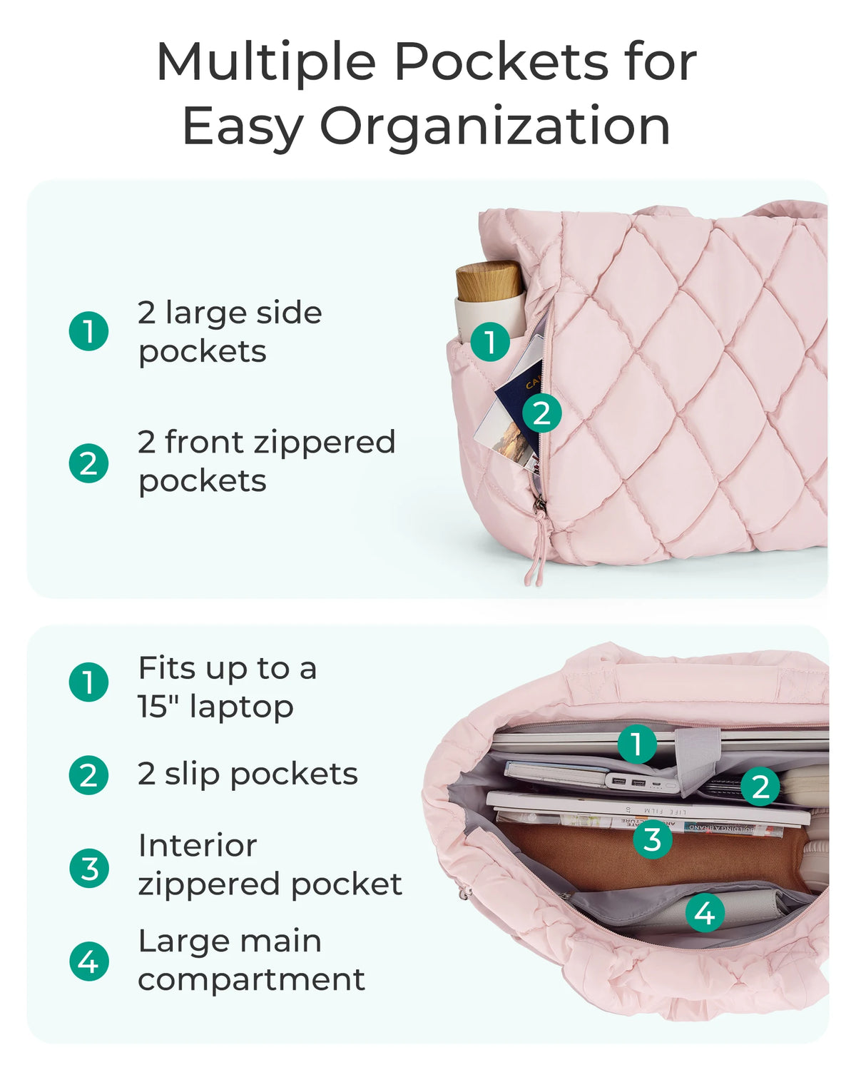 Pink quilted puffy tote bag showing multiple pockets and a laptop compartment for easy organization