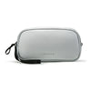 A silver travel electronics organizer pouch with a black strap, shown flat.