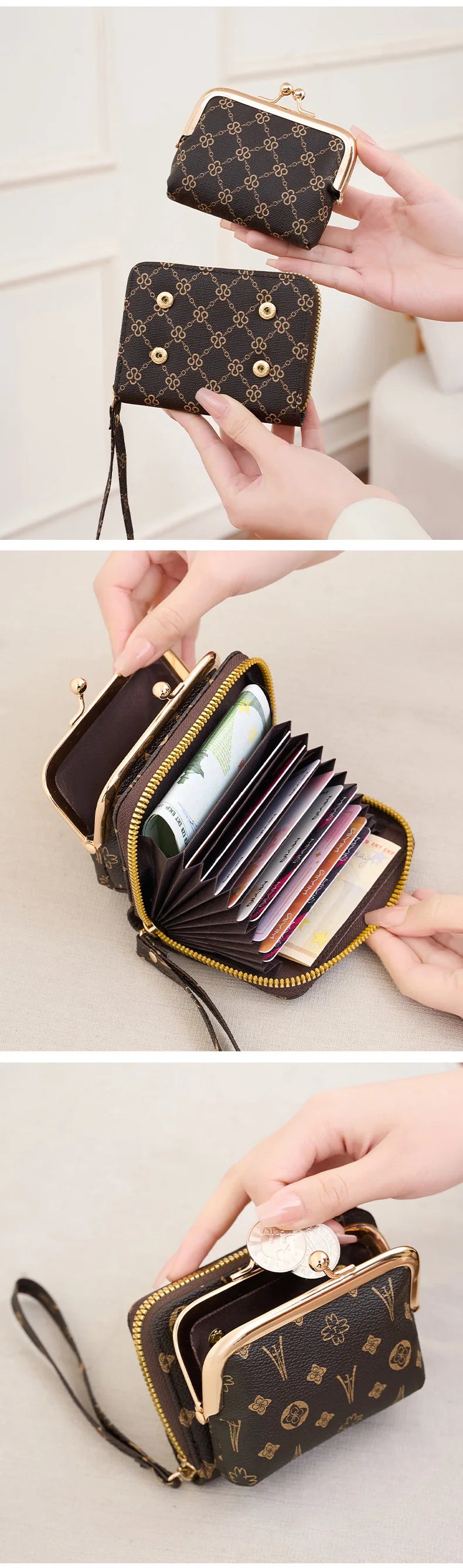 A close-up of a black leather accordion card holder wallet with gold accents and a repeating pattern, shown being held by a h