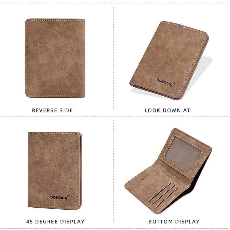 A brown leather bifold wallet shown from the reverse side, look down at, 45 degree display, and bottom display.