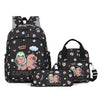 Black backpack set featuring cute cartoon animals like pandas and sloths with clouds and stars