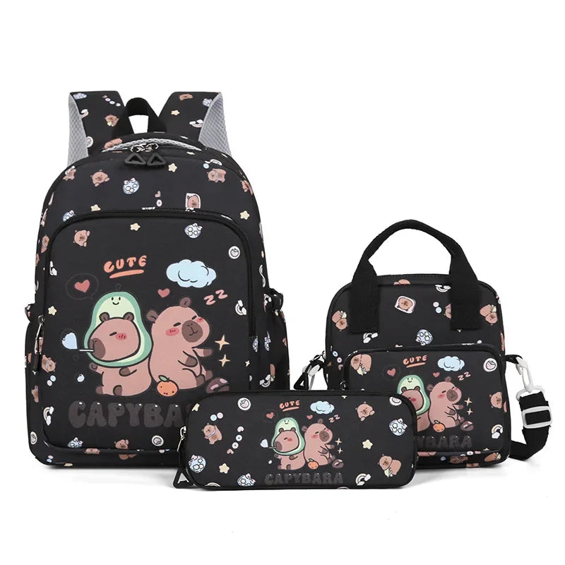 Black backpack set featuring cute cartoon animals like pandas and sloths with clouds and stars