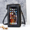 A black fashion phone pouch with a clear window displaying a smartphone, featuring a gold-colored strap.