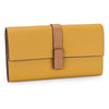 A tan genuine cow leather bifold wallet with a brown leather strap.