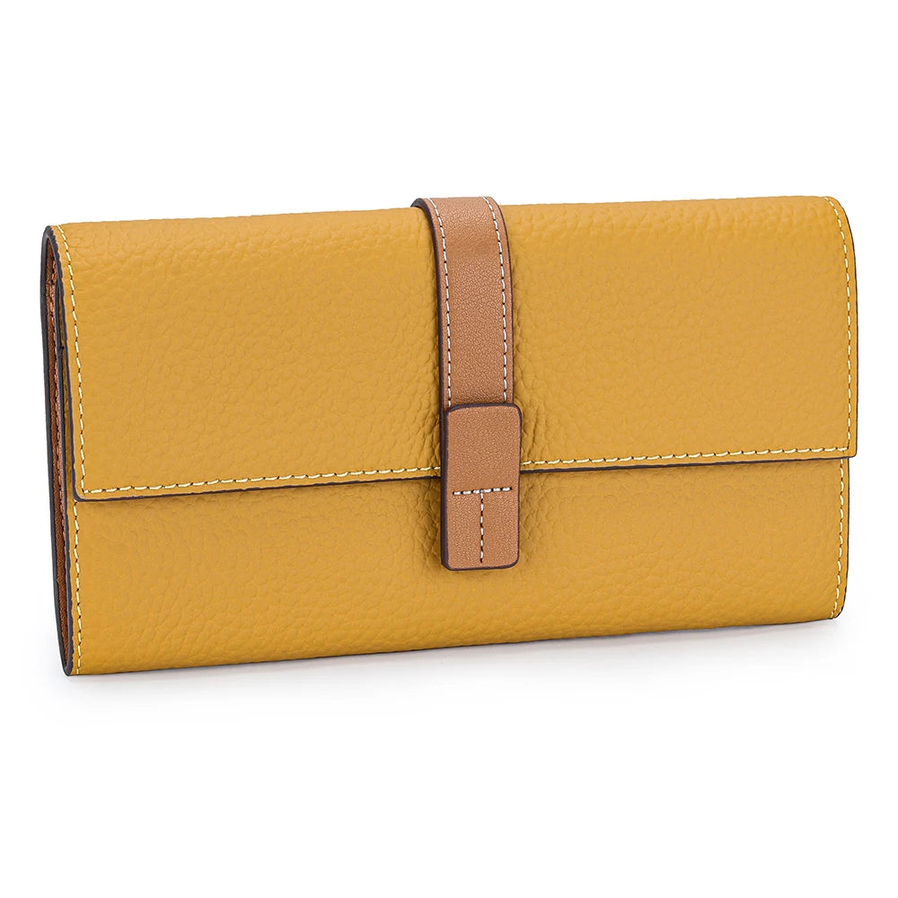 A tan genuine cow leather bifold wallet with a brown leather strap.